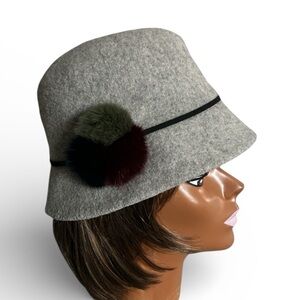 Santacana Madrid Light Gray Wool Blend Cloche Hat with Faux Fur Pom Pom Accent